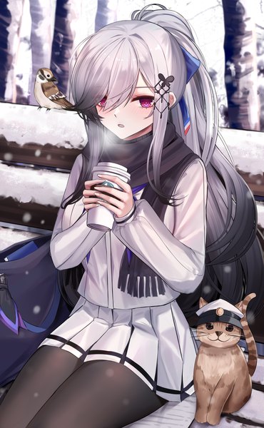 Anime picture 1419x2300 with azur lane dunkerque (azur lane) eternity (shadeh) single long hair tall image looking at viewer blush fringe open mouth sitting holding payot outdoors ponytail long sleeves pleated skirt pink eyes multicolored hair grey hair