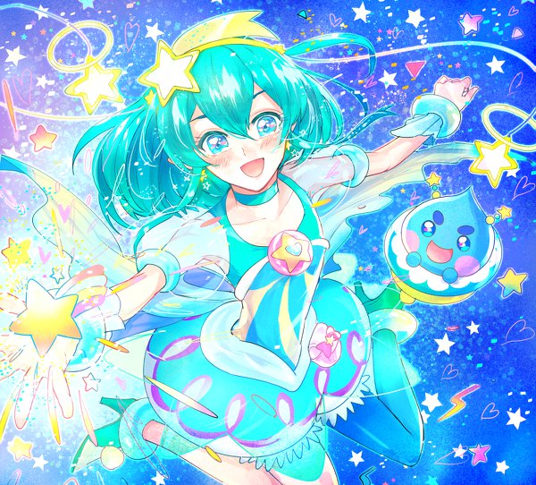 Anime picture 1200x1084 with precure star twinkle precure toei animation hagoromo lala cure milky tagada single long hair blush fringe open mouth simple background smile hair between eyes :d aqua eyes from above aqua hair short sleeves high heels