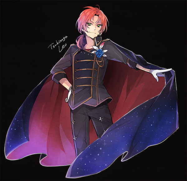 Anime picture 826x800 with ensemble stars! tsukinaga leo tama (songe) single long hair looking at viewer simple background green eyes orange hair character names hand on hip outstretched arm black background low ponytail starry sky print boy gloves white gloves cape