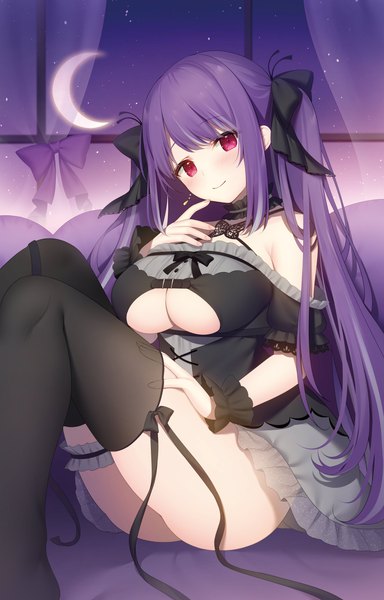 Anime picture 2619x4096 with original miko (royal milk) single long hair tall image looking at viewer blush fringe highres breasts light erotic smile hair between eyes red eyes large breasts sitting bare shoulders payot cleavage purple hair