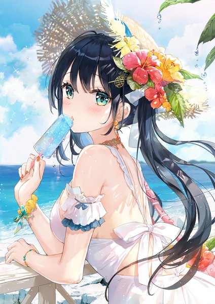 Anime picture 662x936 with original fuumi (radial engine) single long hair tall image looking at viewer blush fringe breasts open mouth black hair hair between eyes large breasts standing twintails bare shoulders payot sky cloud (clouds) upper body