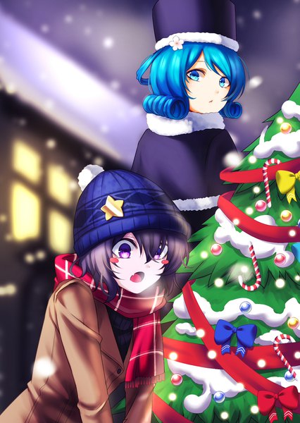 Anime picture 1240x1748 with fairy tail touhou kaku seiga miyako yoshika koissa tall image short hair blue eyes purple eyes multiple girls blue hair purple hair blurry :o depth of field fur trim snowing christmas winter snow