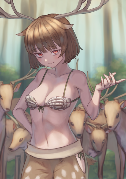 Anime picture 2894x4093 with original yorishiem single tall image looking at viewer blush fringe highres short hair breasts light erotic red eyes brown hair standing bare shoulders animal ears outdoors head tilt arm up horn (horns)