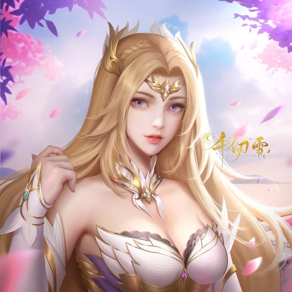 Anime-Bild 2000x2000 mit douluo continent qian renxue (douluo dalu) tagme (artist) single long hair looking at viewer highres breasts blonde hair purple eyes bare shoulders sky cloud (clouds) upper body outdoors realistic copyright name girl leaf (leaves) circlet