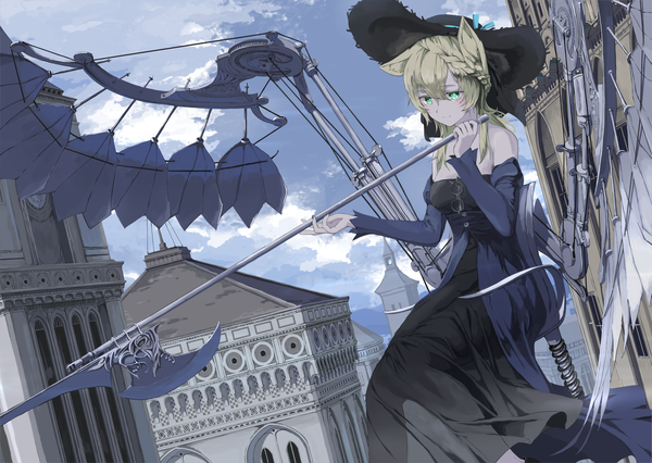 Anime picture 2549x1811 with original mikisai single highres short hair blonde hair sitting green eyes animal ears looking away cat ears mechanical wings girl dress weapon hat wings black dress building (buildings) polearm