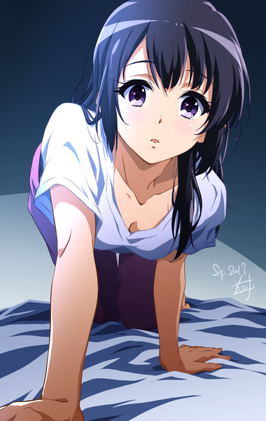 Anime picture 1048x1654 with hibike! euphonium kyoto animation kousaka reina nii manabu single long hair tall image looking at viewer blush fringe breasts open mouth black hair simple background purple eyes signed cleavage arm support dated dark background