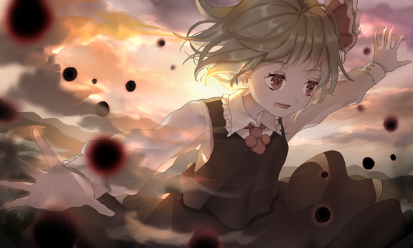 Anime picture 1250x750 with touhou rumia piyo (sqn2idm751) single short hair open mouth blonde hair red eyes wide image looking away sky spread arms girl ribbon (ribbons) hair ribbon vest blouse