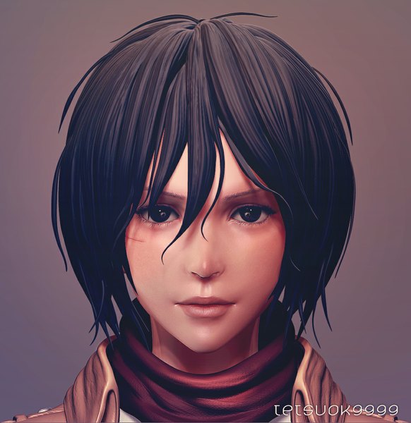 Anime picture 1000x1030 with shingeki no kyojin production i.g mikasa ackerman tetsuok9999 single tall image looking at viewer short hair black hair signed lips black eyes inscription close-up face 3d girl scarf red scarf