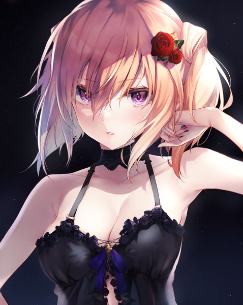 Anime picture 1196x1500 with alice gear aegis kimikage yui puru (ex-150) single tall image looking at viewer blush fringe short hair breasts light erotic simple background hair between eyes brown hair large breasts twintails bare shoulders cleavage upper body nail polish