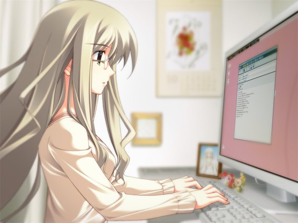 Anime picture 1280x960 with chaos;head kusonoki yua long hair blonde hair glasses serafuku computer