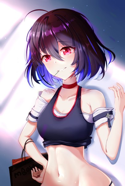Anime picture 3507x5196 with benghuai xueyuan honkai (series) seele vollerei timmoo single tall image blush fringe highres short hair light erotic simple background smile red eyes standing bare shoulders holding looking away absurdres purple hair