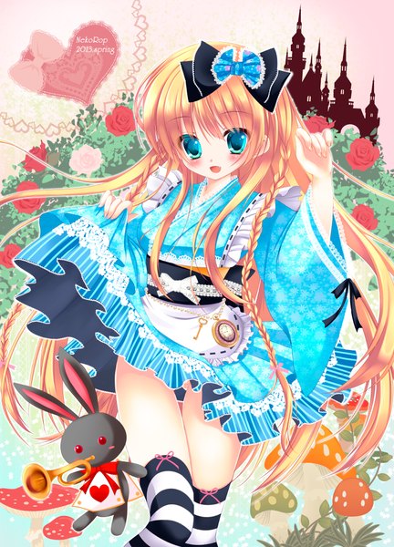 Anime picture 1498x2082 with alice in wonderland alice (wonderland) yuutsuki hina long hair tall image blush open mouth blue eyes blonde hair braid (braids) girl thighhighs dress flower (flowers) bow hair bow striped thighhighs