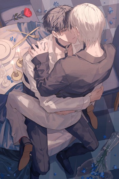 Anime picture 1000x1500 with original ugonba (howatoro) tall image short hair black hair sitting white hair from above black eyes mole multiple boys couple hug face to face checkered floor floor shounen ai sitting on person boy flower (flowers)