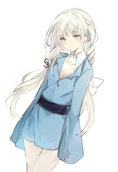 Anime picture 631x921 with original lpip single long hair tall image looking at viewer blush fringe breasts simple background smile hair between eyes standing white background cleavage white hair braid (braids) wide sleeves grey eyes thighs