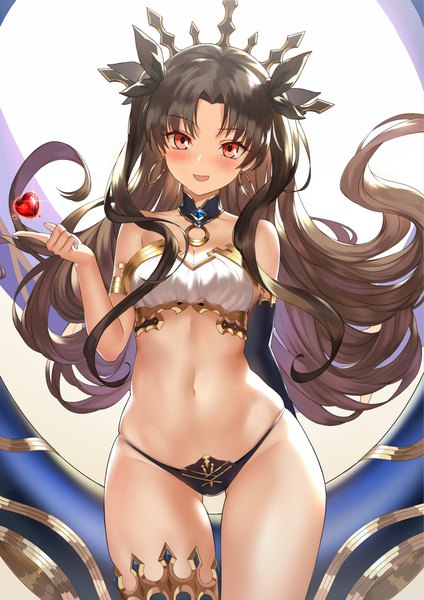 Anime picture 800x1131 with fate (series) fate/grand order ishtar (fate) yunsang single long hair tall image looking at viewer blush fringe breasts open mouth light erotic black hair simple background red eyes standing white background bare shoulders :d