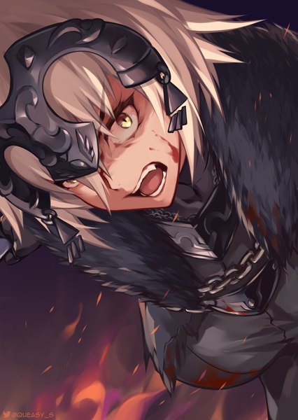 Anime picture 2480x3496 with fate (series) jeanne d'arc (fate) (all) jeanne d'arc alter (fate) queasy s single tall image looking at viewer fringe highres short hair open mouth blonde hair hair between eyes signed yellow eyes upper body teeth alternate costume fur trim twitter username
