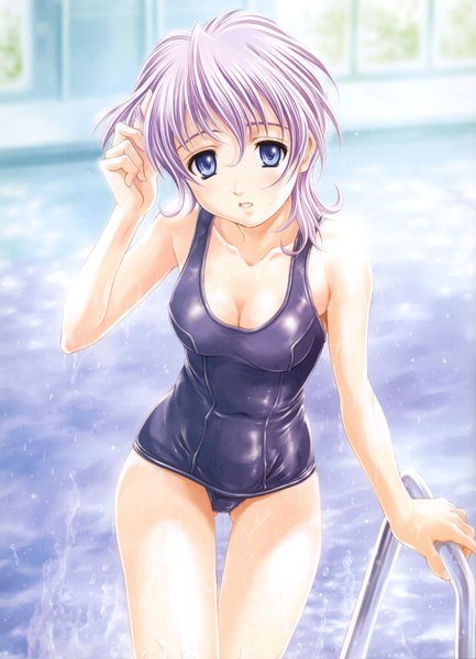 Anime picture 2312x3200 with sakura taisen leni milchstrasse maruto tall image highres short hair blue eyes light erotic hair between eyes pink hair wet girl swimsuit one-piece swimsuit school swimsuit pool