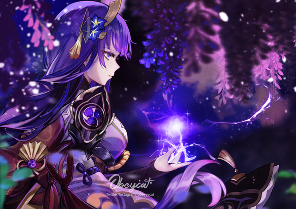 Anime picture 1560x1103 with genshin impact raiden shogun obeycat single long hair fringe breasts large breasts purple eyes signed payot looking away purple hair upper body outdoors braid (braids) traditional clothes japanese clothes profile hair flower