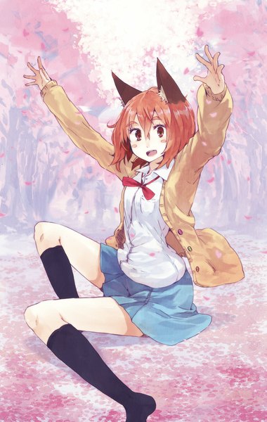 Anime picture 752x1186 with original hrd single tall image looking at viewer blush short hair open mouth red eyes sitting animal ears red hair cat ears no shoes cherry blossoms spread arms spring girl uniform plant (plants)