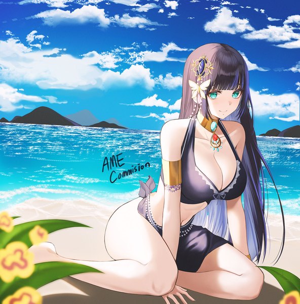 Anime picture 2000x2027 with original ame 816 single long hair tall image looking at viewer fringe highres breasts light erotic black hair smile large breasts sitting signed sky cleavage cloud (clouds) full body barefoot