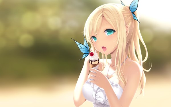 Anime picture 1920x1200 with boku wa tomodachi ga sukunai kashiwazaki sena cait single long hair blush highres open mouth blonde hair wide image bare shoulders green eyes ponytail girl hair ornament food sweets insect butterfly sundress
