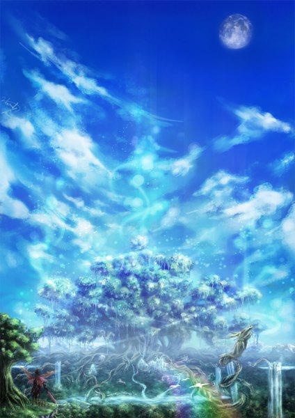 Anime picture 848x1200 with original miyai haruki single tall image short hair standing holding signed sky cloud (clouds) mountain landscape fantasy fairy boy weapon plant (plants) sword tree (trees) moon