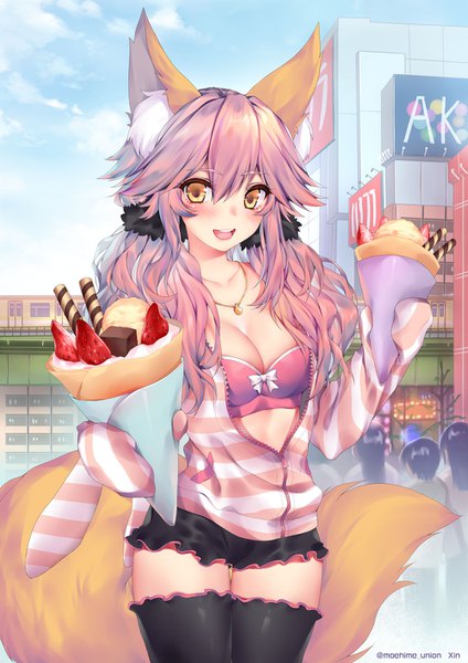 Anime picture 1000x1414 with fate (series) fate/extra fate/extra ccc tamamo (fate) (all) tamamo no mae (fate) obiwan single long hair tall image looking at viewer blush fringe breasts open mouth light erotic hair between eyes large breasts signed animal ears yellow eyes