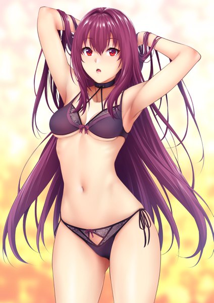 Anime picture 1765x2500 with fate (series) fate/grand order scathach (fate) (all) scathach (fate) zucchini single long hair tall image looking at viewer blush fringe highres breasts open mouth light erotic simple background hair between eyes red eyes large breasts standing