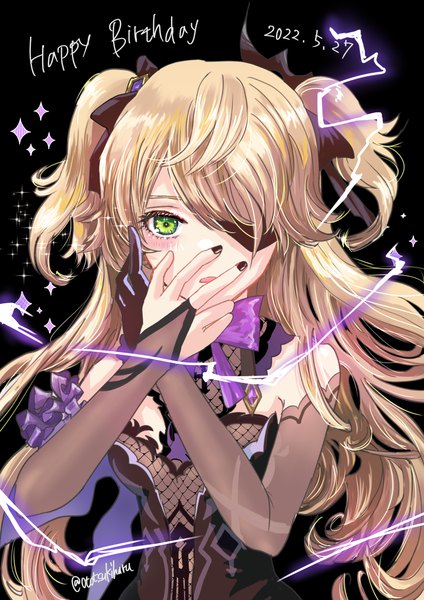 Anime picture 1736x2456 with genshin impact fischl (genshin impact) karakusa (ototsukiharu) single long hair tall image looking at viewer blush fringe highres breasts simple background blonde hair bare shoulders green eyes signed upper body nail polish hair over one eye sparkle
