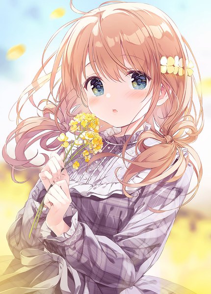 Anime picture 717x1000 with original momoi saki kimishima ao single long hair tall image looking at viewer blush fringe open mouth blue eyes blonde hair hair between eyes standing holding sky upper body outdoors long sleeves hair flower