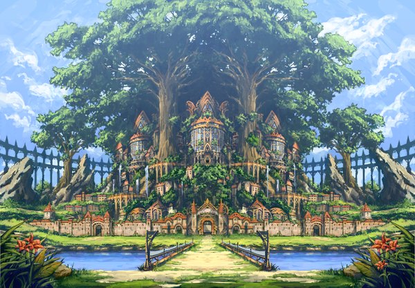 Anime picture 1500x1043 with original kazuhi (pixiv) cloud (clouds) city landscape plant (plants) tree (trees) water grass castle