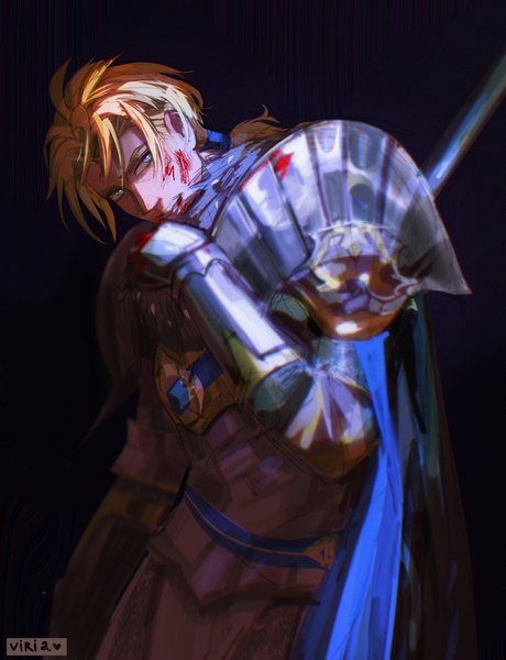 Anime picture 3138x4096 with fire emblem fire emblem: three houses fire emblem warriors: three hopes nintendo dimitri alexandre blaiddyd viria13 single tall image looking at viewer fringe highres short hair blue eyes simple background blonde hair hair between eyes standing signed absurdres black background