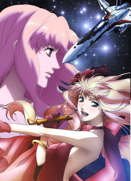 Anime picture 2557x3543 with macross macross frontier sheryl nome single long hair tall image highres open mouth blue eyes blonde hair scan space girl dress microphone