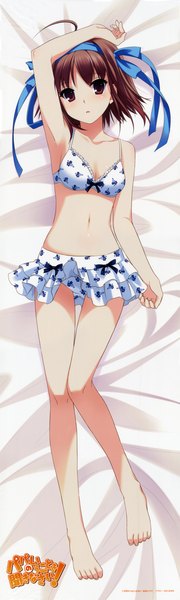 Anime picture 2255x7500 with papa no iu koto wo kikinasai! takanashi sora nakajima yuka single tall image highres short hair light erotic red eyes brown hair full body ahoge floral print dakimakura (medium) girl swimsuit bikini hairband bikini skirt floral print bikini