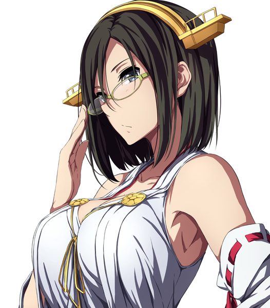 Anime picture 1376x1570 with kantai collection kirishima battleship sblack single tall image short hair black hair simple background white background grey eyes nontraditional miko girl hair ornament detached sleeves glasses