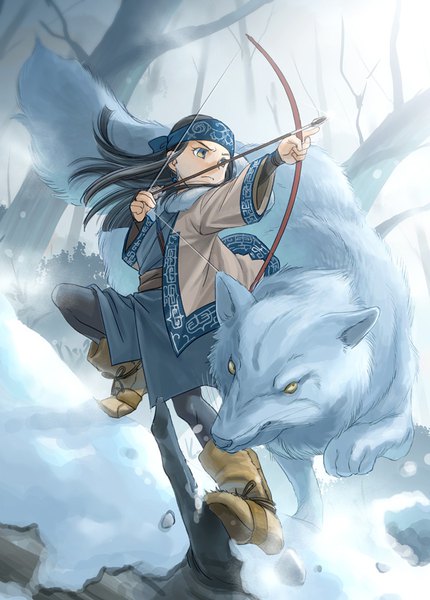 Anime-Bild 600x837 mit golden kamuy asirpa retar kacka single long hair tall image black hair looking away traditional clothes winter snow fighting stance bare tree archery ainu clothes girl weapon plant (plants) animal