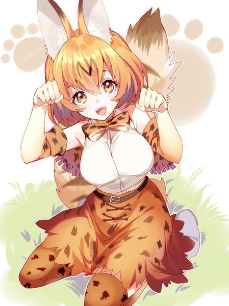 Anime picture 599x800 with kemono friends serval (kemono friends) nochita shin single tall image looking at viewer fringe short hair breasts open mouth simple background hair between eyes large breasts white background sitting bare shoulders brown eyes signed animal ears full body