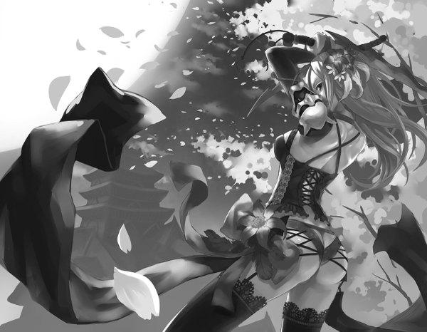 Anime picture 1200x933 with original catwyz single long hair fringe breasts light erotic holding ass hair flower wind monochrome girl thighhighs hair ornament flower (flowers) weapon black thighhighs plant (plants) petals