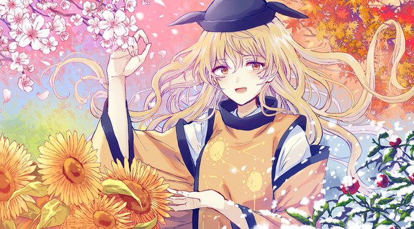 Anime picture 1400x778 with touhou matara okina uranaishi (miraura) single long hair open mouth blonde hair wide image upper body traditional clothes :d japanese clothes orange eyes cherry blossoms snow 4 seasons girl flower (flowers) hat petals
