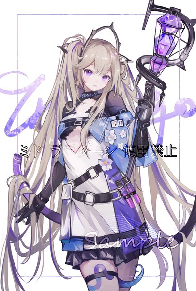 Anime picture 2362x3496 with arknights indigo (arknights) mido (mido chen) single tall image looking at viewer fringe highres blonde hair hair between eyes standing white background purple eyes very long hair turning head girl gloves black gloves staff infection monitor (arknights)