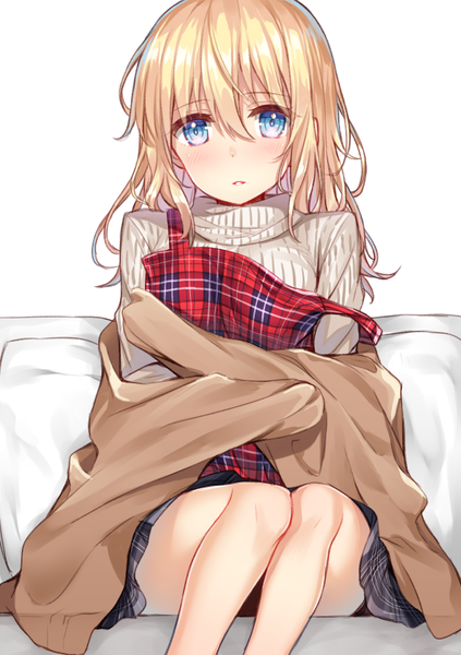 Anime picture 595x842 with original hakuishi aoi single long hair tall image looking at viewer blush fringe open mouth blue eyes blonde hair simple background hair between eyes white background sitting bare legs plaid cold girl skirt