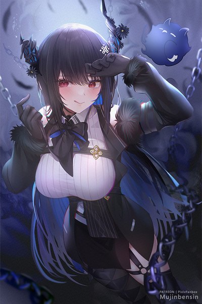 Anime picture 667x1000 with virtual youtuber hololive hololive english nerissa ravencroft nerissa ravencroft (1st costume) jailbird (nerissa ravencroft) mujinbi single long hair tall image blush fringe breasts black hair hair between eyes red eyes large breasts multicolored hair horn (horns) from above