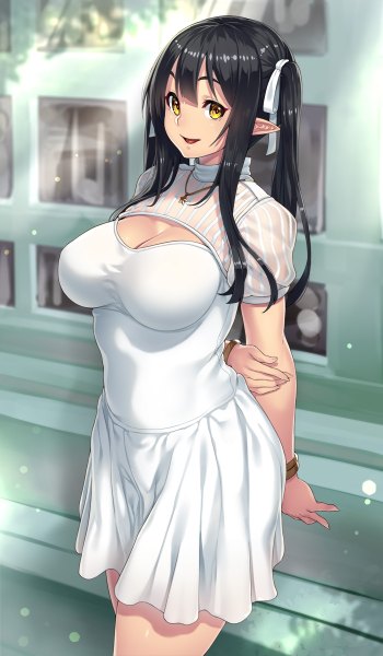 Anime picture 700x1200 with original elf (houtengeki) houtengeki single long hair tall image looking at viewer breasts open mouth light erotic black hair smile yellow eyes pointy ears arm behind back girl dress ribbon (ribbons) hair ribbon