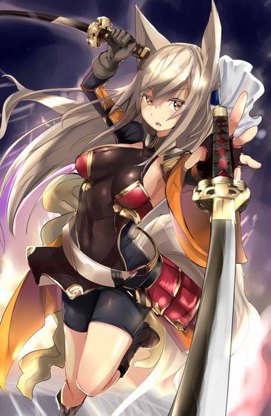 Anime picture 1500x2300 with original haik single long hair tall image looking at viewer blush fringe brown hair holding brown eyes animal ears fox ears fox girl dual wielding midair girl gloves boots belt