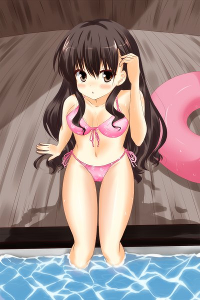 Anime picture 800x1200 with original mimura zaja single long hair tall image looking at viewer blush fringe breasts open mouth light erotic hair between eyes brown hair sitting bare shoulders brown eyes payot bent knee (knees) from above arm support