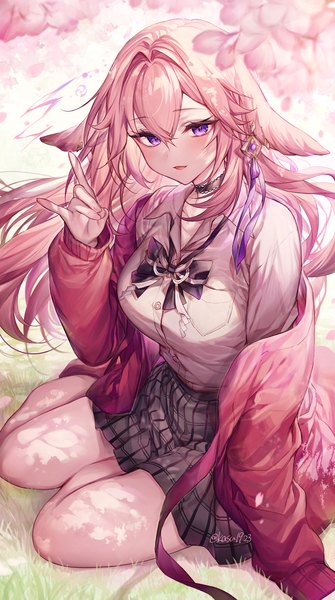 Anime picture 1000x1791 with genshin impact yae miko komeshiro kasu single long hair tall image looking at viewer fringe open mouth hair between eyes sitting purple eyes signed animal ears pink hair outdoors long sleeves off shoulder arm support open jacket
