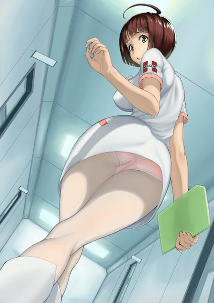 Anime picture 926x1310 with uchuu senkan yamato harada makoto kyodairobo single tall image looking at viewer blush short hair breasts open mouth light erotic brown hair large breasts green eyes ahoge ass looking back looking down cameltoe nurse