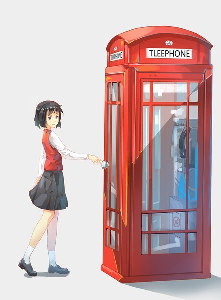 Anime picture 1200x1625 with original vampirefc single tall image looking at viewer blue eyes black hair simple background full body long sleeves parted lips grey background ranguage engrish no smoking girl skirt socks shoes black skirt