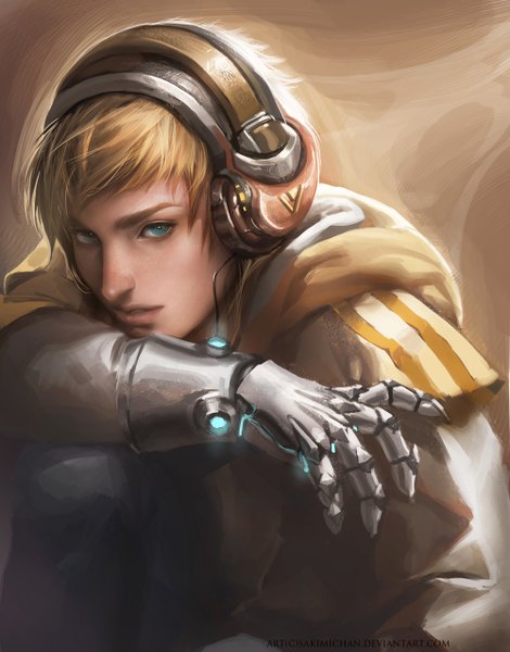 Anime picture 2000x2551 with original sakimichan single tall image looking at viewer highres short hair blue eyes blonde hair sitting realistic grey eyes striped brown background boy gloves headphones armor single glove