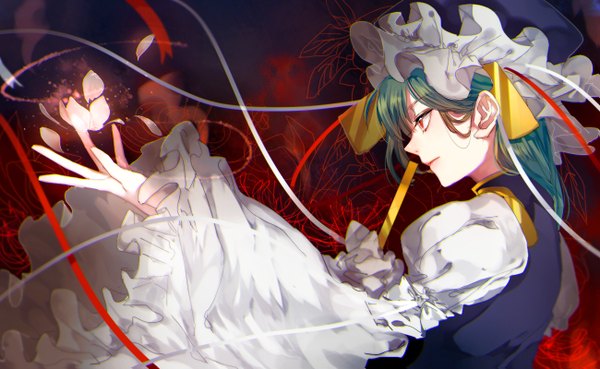 Anime picture 1300x800 with touhou shikieiki yamaxanadu tian (my dear) single short hair red eyes wide image profile green hair wide sleeves girl ribbon (ribbons) hat petals frills rod of remorse